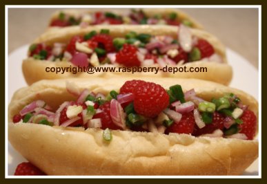 Homemade Relish on Hot Dogs, made with raspberries, a fruit relish recipe