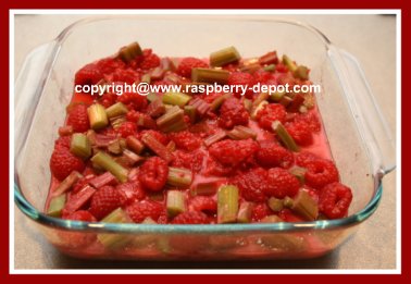 Making a dessert recipe with fresh raspberries and fresh or frozen rhubarb