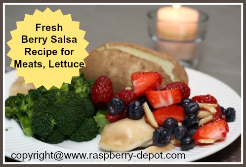 Fresh Fruit Salsa on Chicken Dinner, made with Raspberries, Strawberries and Blueberries