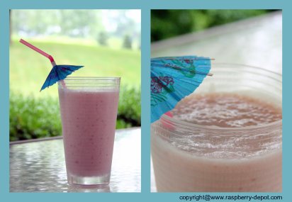 Homemade Smoothie with Whey Protein Powder and fresh or frozen Raspberries and Strawberries