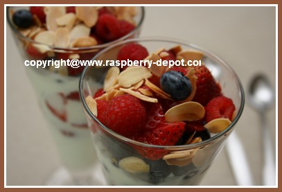 A Yogurt Parfait with Fresh Berries - Strawberries, Blueberries, Raspberries for Healthy Breakfast or Dessert Idea